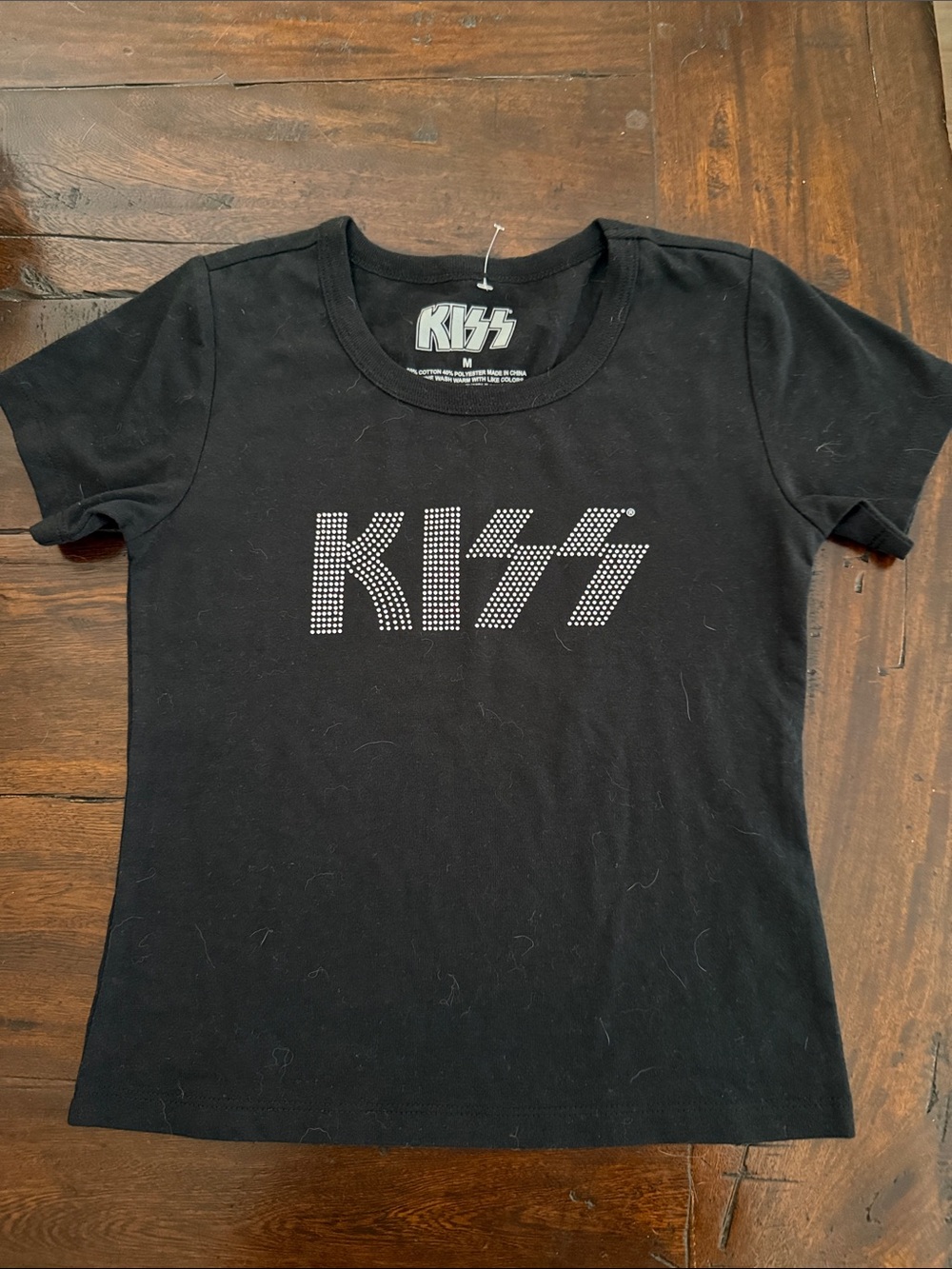 Kiss Black Tee with Silver Stud Rhinestone Logo - Girls Short Sleeve